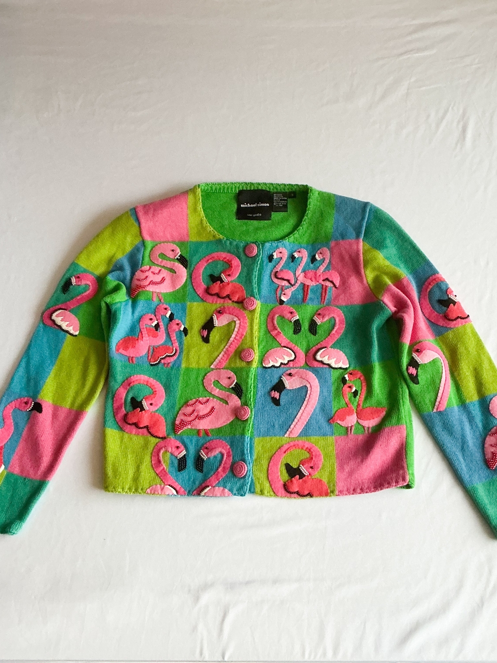 Michael Simon Vtg Flamingo Cardigan Colorblock Beaded Embroidered Women’s Small